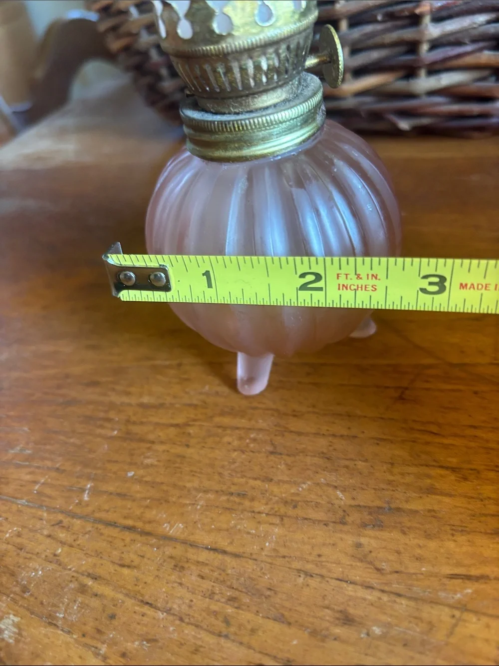 Vintage pink frosted pink rib design 3footed base miniature hurricane oil lamp